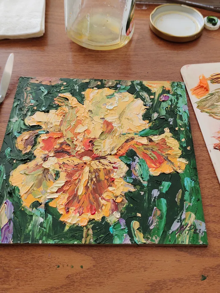 Iris painting Floral Original Art 6 by 6 Yellow flower impasto artwork by Natalia Plotnikova
