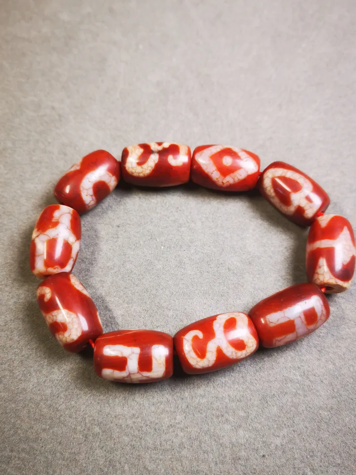 Gandhanra Old Tibetan Dzi Bead Bracelet, Fire Agate Beads Bracelet,Mixed Swastika,Vase,Lotus,Tiger Tooth,and Phum Dzi Beads