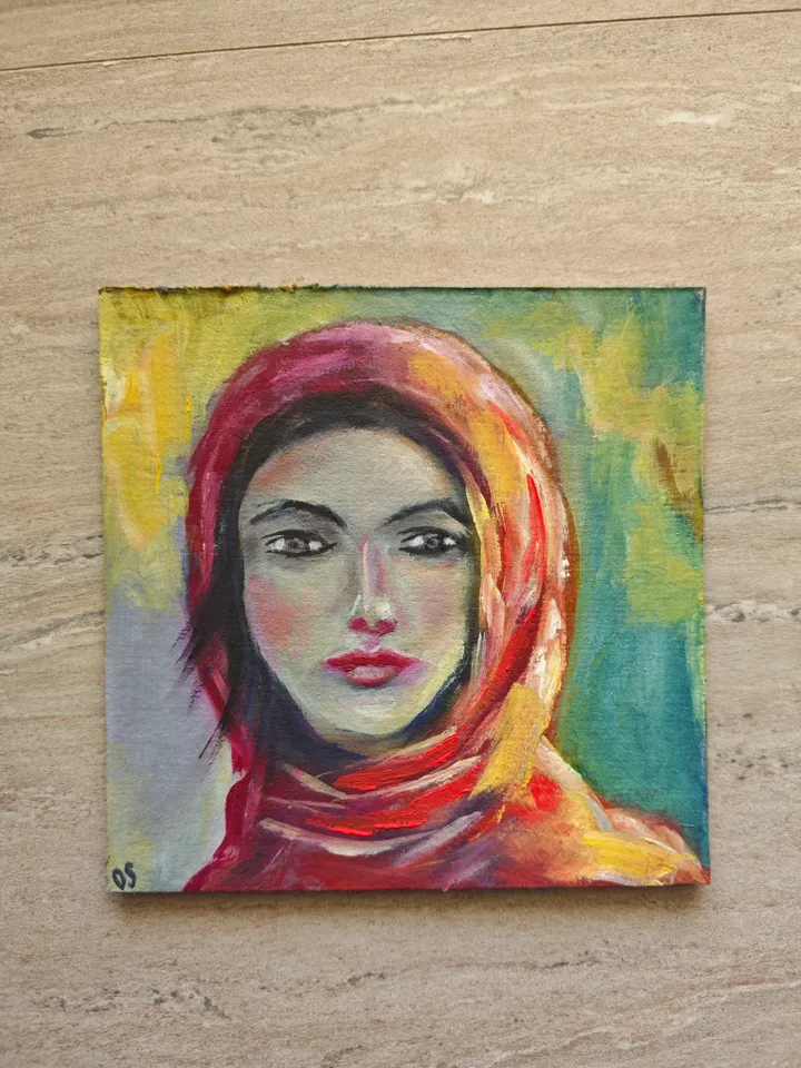 Girl Portrait Original Painting Girl In Red Scarf Original Art Girl In Red Scarf Modern Artwork Girl In Red Scarf Wall Decor Woman In Scarf Oil Painting 6x6 inches by OlgaSokolovaArt