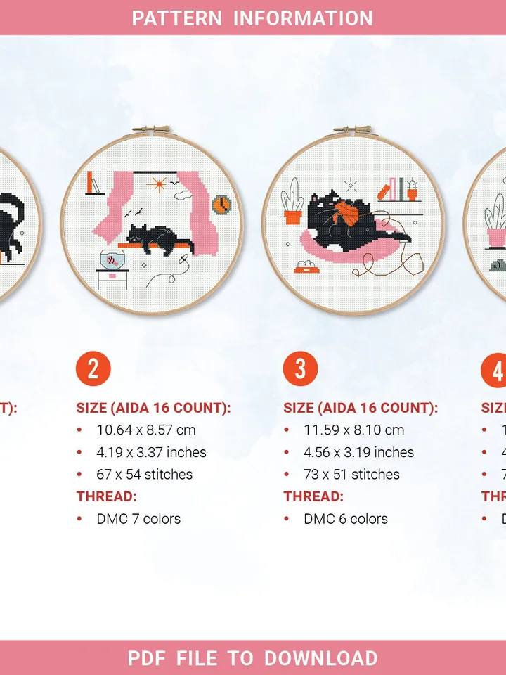 Funny Cat stitch pattern Bundle of 4 ornament Kitten decor Holiday cross stitch pattern, counted, chart, gift DIY, embroidery, instant PDF