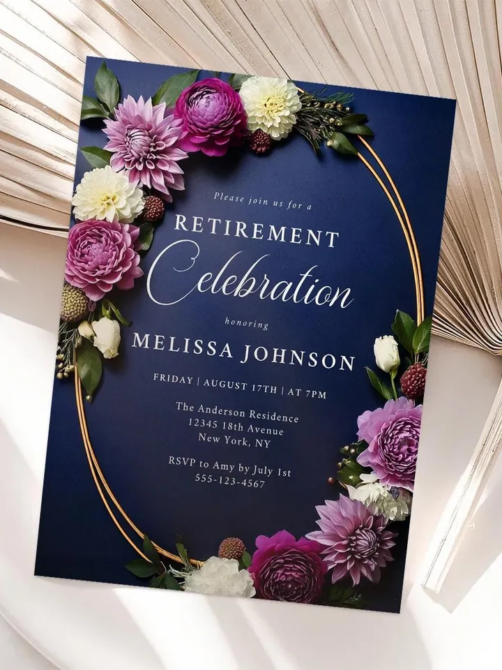 Editable Retirement Invitation for Women, Moody Purple Floral Invite Template, Navy & Gold, Digital Retirement Party Invitation Canva
