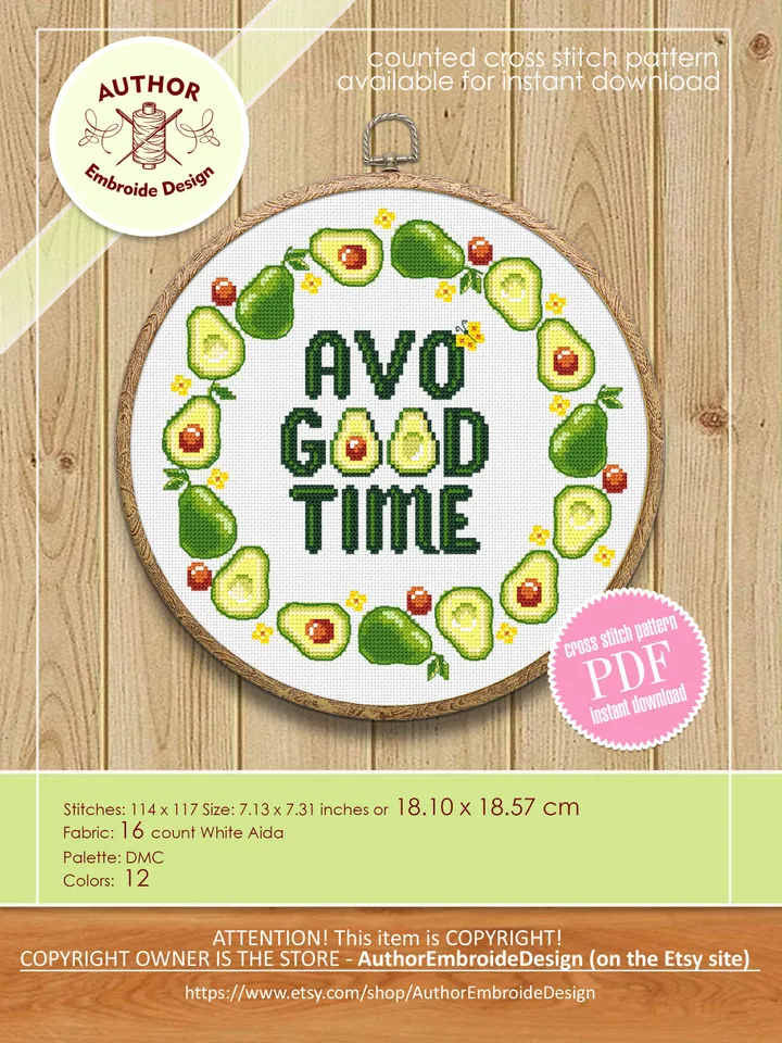 Avocado wreath cross stitch pattern download PDF Framed quote cross stitch chart, Avo good time, Funny cross stitch, DIY Home decor #Q52