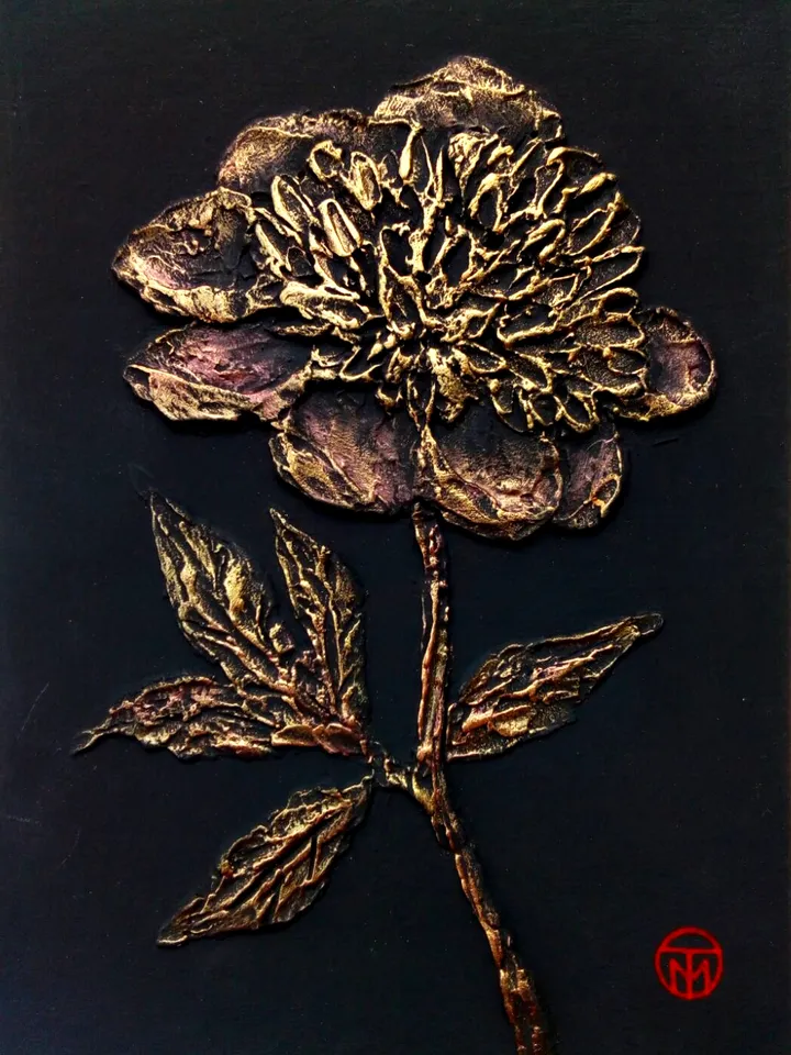 Peony Painting Textured Original Art Bas Relief Small Flower Painting Floral Black Gold Wall Art 8"x 6" By Colibri Art