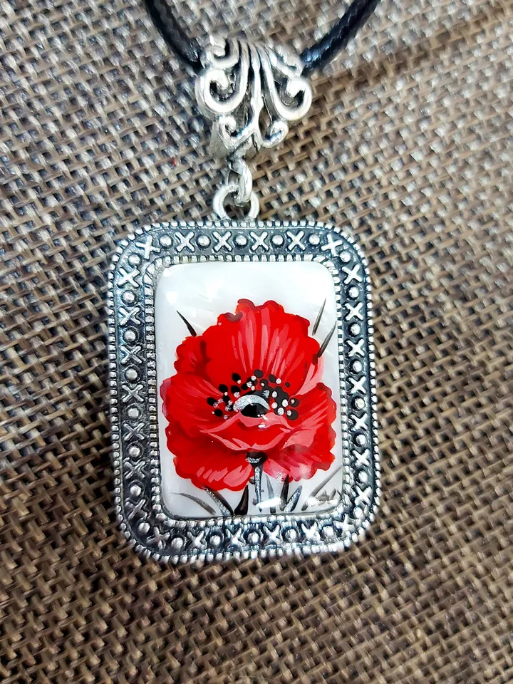 Pearl pendant necklace: Square pendant with big red poppy flower painted on shell • handmade Russian jewelry • unique trendy necklaces
