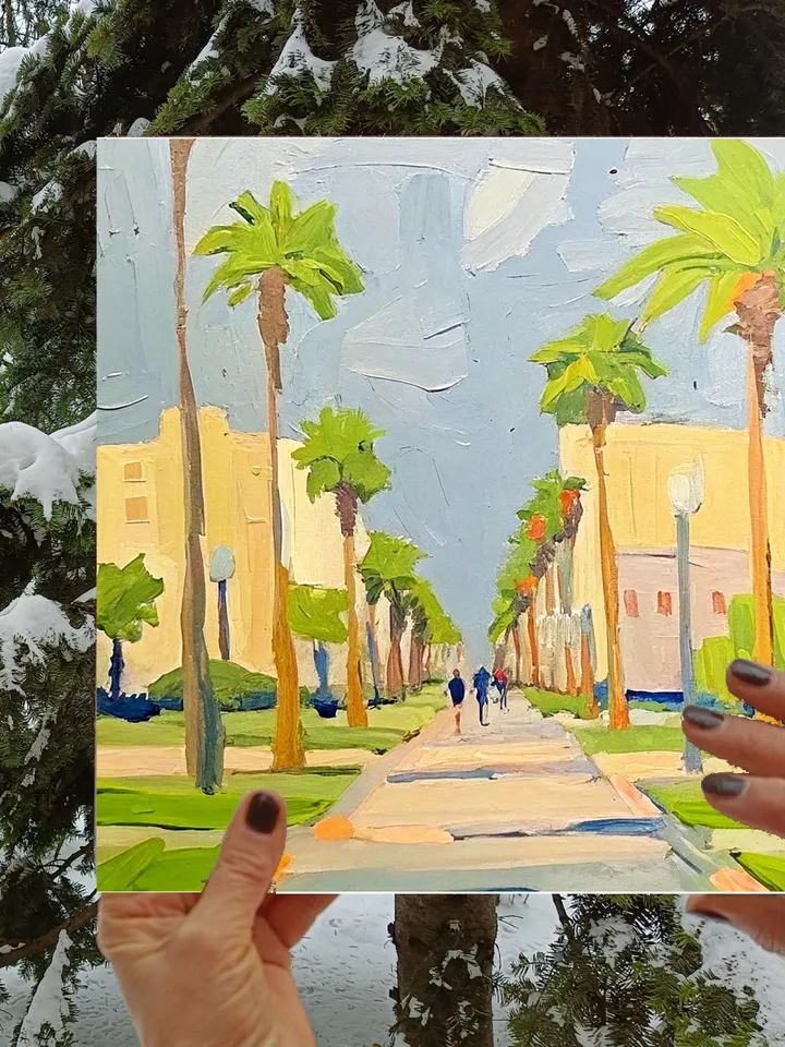 Los Angeles Oil Painting Street Original Art Impasto Scene Sunset Boulevard Impressionist Oil Painting Palm Trees Car Cityscape Art Gift