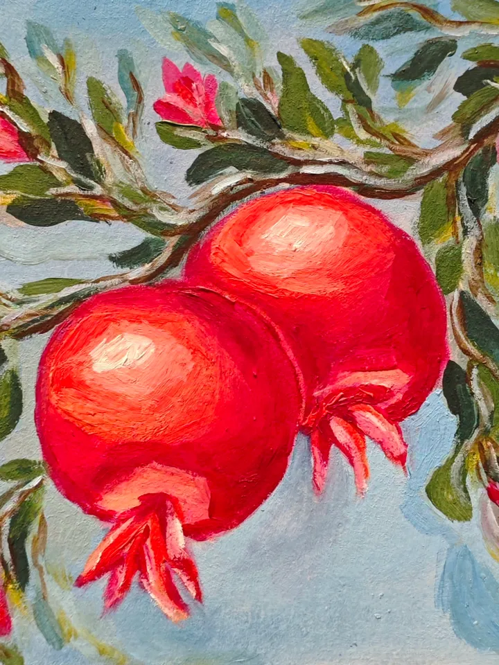 Pomegranate Original Painting Fruit Original Art Red Pomegranate Modern Artwork Red Fruit Wall Painting 8x8 inches by OlgaSokolova Art
