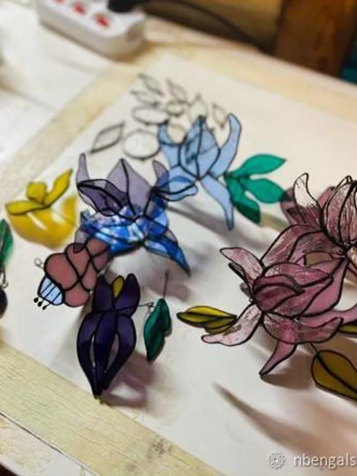 Large 3D Stained Glass Branch with Beaded Garlands, Large 3D Branch with Glass Bead Garlands, Large 3D Stained Glass Branch with Beaded Garlands, Artistic Glass Flower Stem with Beads, Fantasy-Inspired 3D Floral Glass Sculpture, Handcrafted Stained Glass