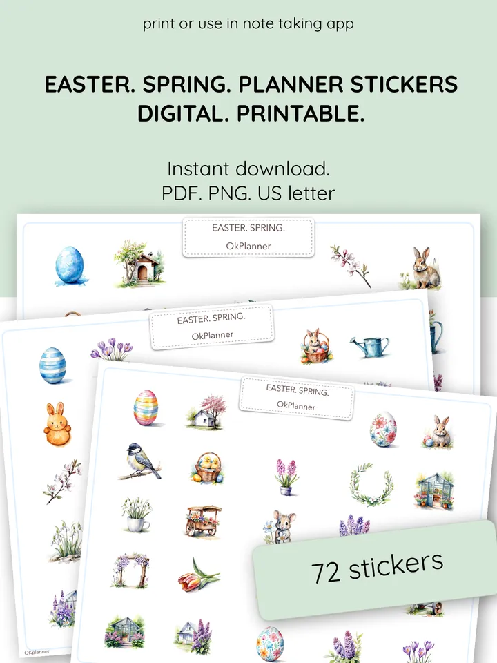 Easter, Spring Sticker Pack for Digital Planners, Calendars, Postcards, Scrapbooks. Set of watercolor stickers.