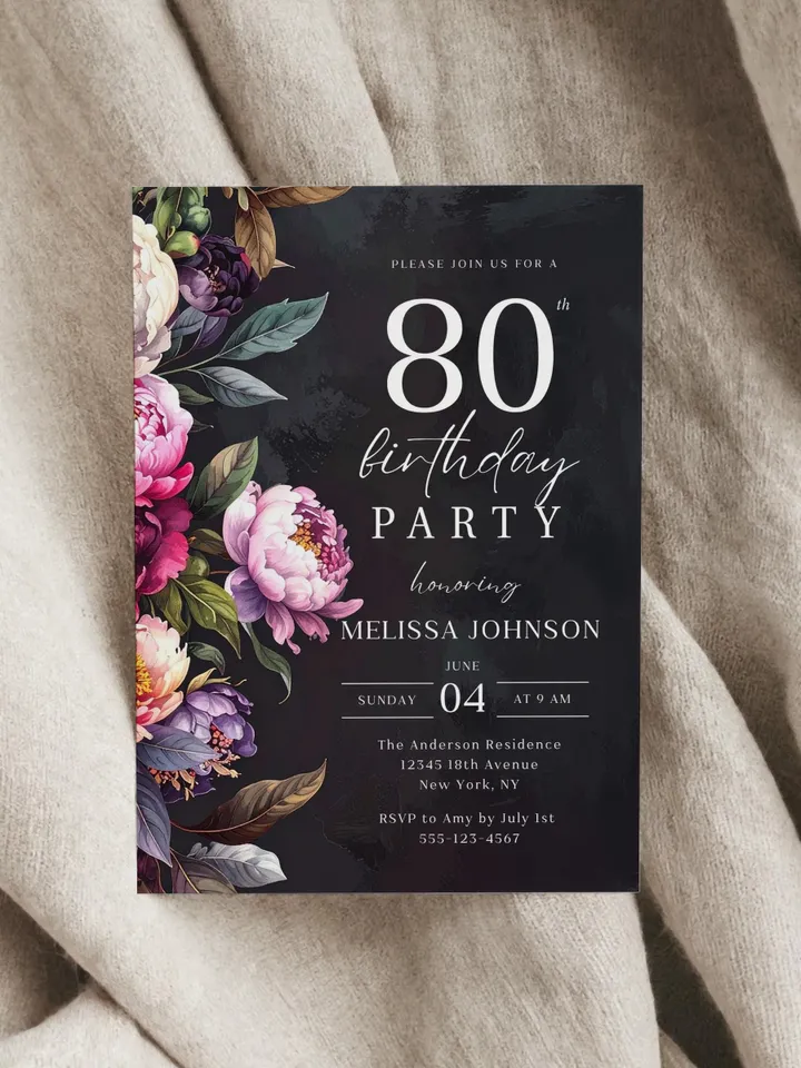 80th Birthday Invitation for women – Moody Burgundy & Blush Peony Floral Invitation, Elegant Dark Men Birthday Party Invite Canva Template