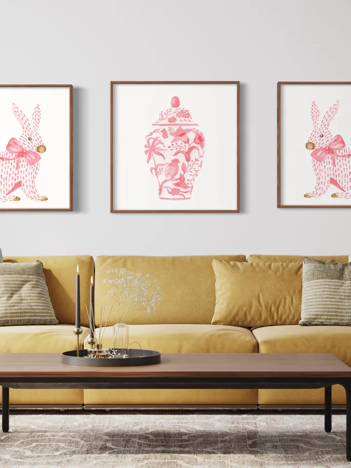 Pink Chinoiserie Set of 3 Art Prints, Watercolor Painting, Asian Vase Art, Rabbit Painting, Pink Bow Art, Ginger Jar, Chinoiserie Set Print
