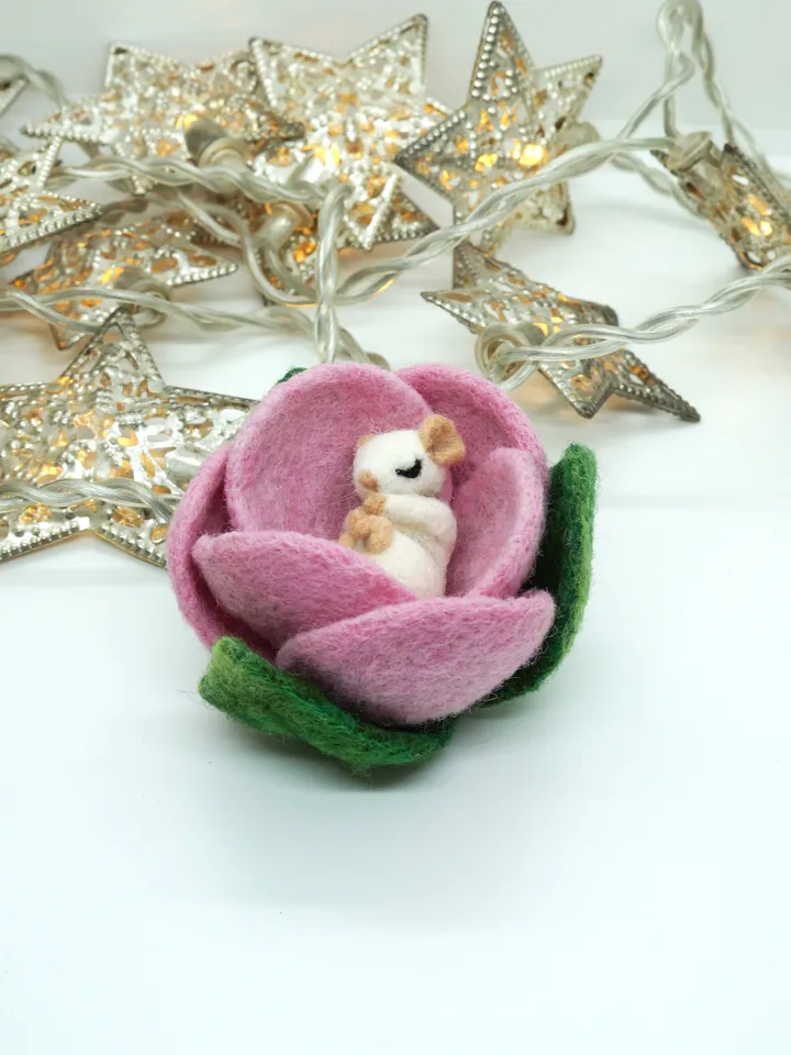 Miniature needle felted mouse sleeping in a pink flower, baby mouse, white mouse, made to order