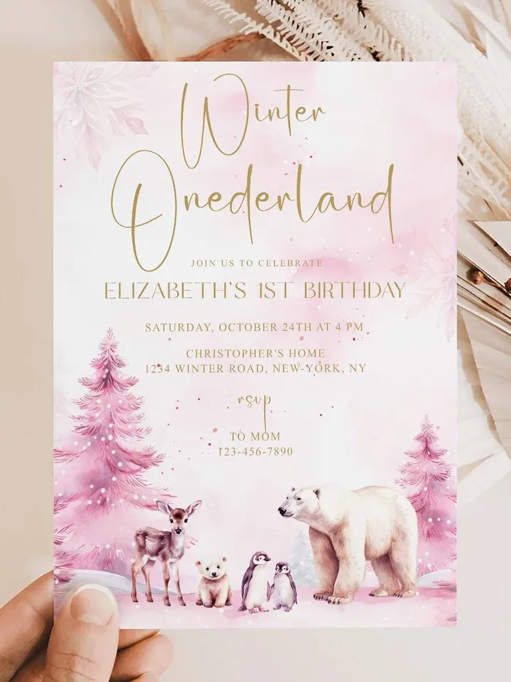 Winter Onederland Birthday Girl Invitations, Editable Pink Winter 1st Birthday Invite Template, Pink Christmas First Birthday Party - I123