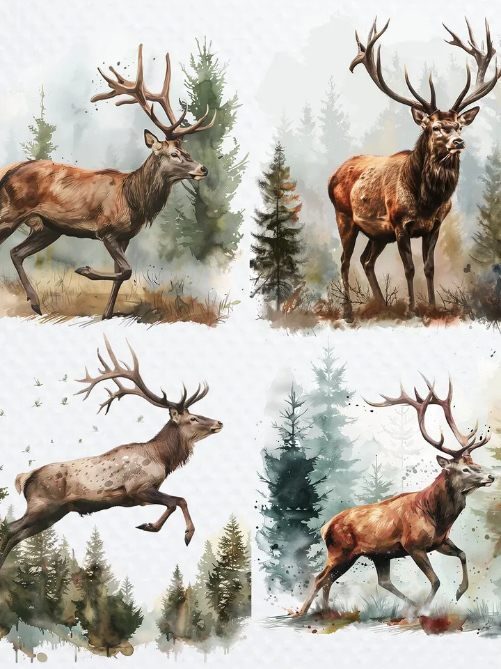 20 Red Deer in Forest PNG Clipart, Watercolor Deer PNG sublimation, Digital download, High resolution, Paper crafts, junk journal