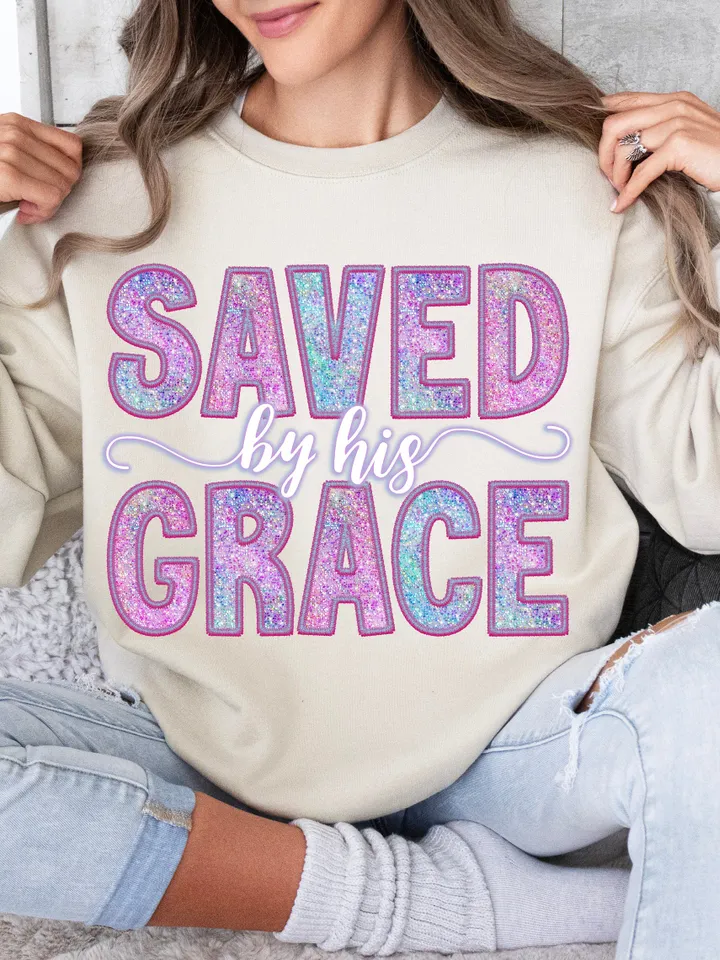 Saved By His Grace Faux Sequins Embroidered PNG, Easter Christian Png, Easter Bible Verse, Risen doodle png, retro easter png, Boho Design