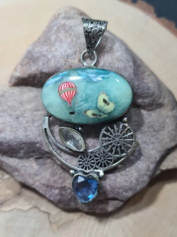 Blue pendant. Oil painting on  stone. Wearable art.