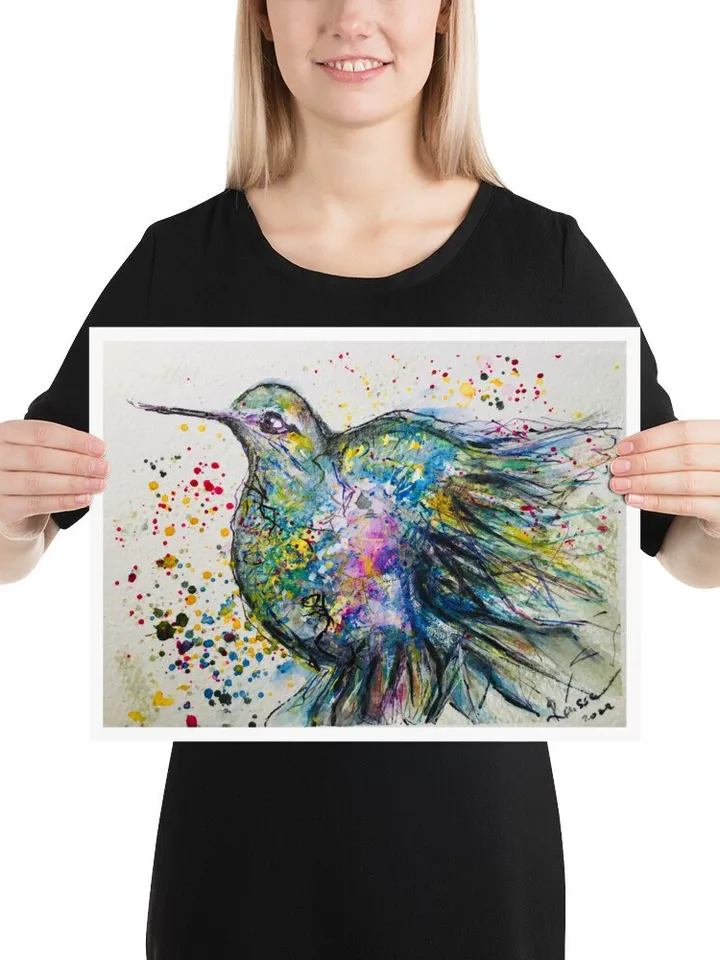Hummingbird - Photo paper poster made from my original watercolour painting,colourful bird painting wall art