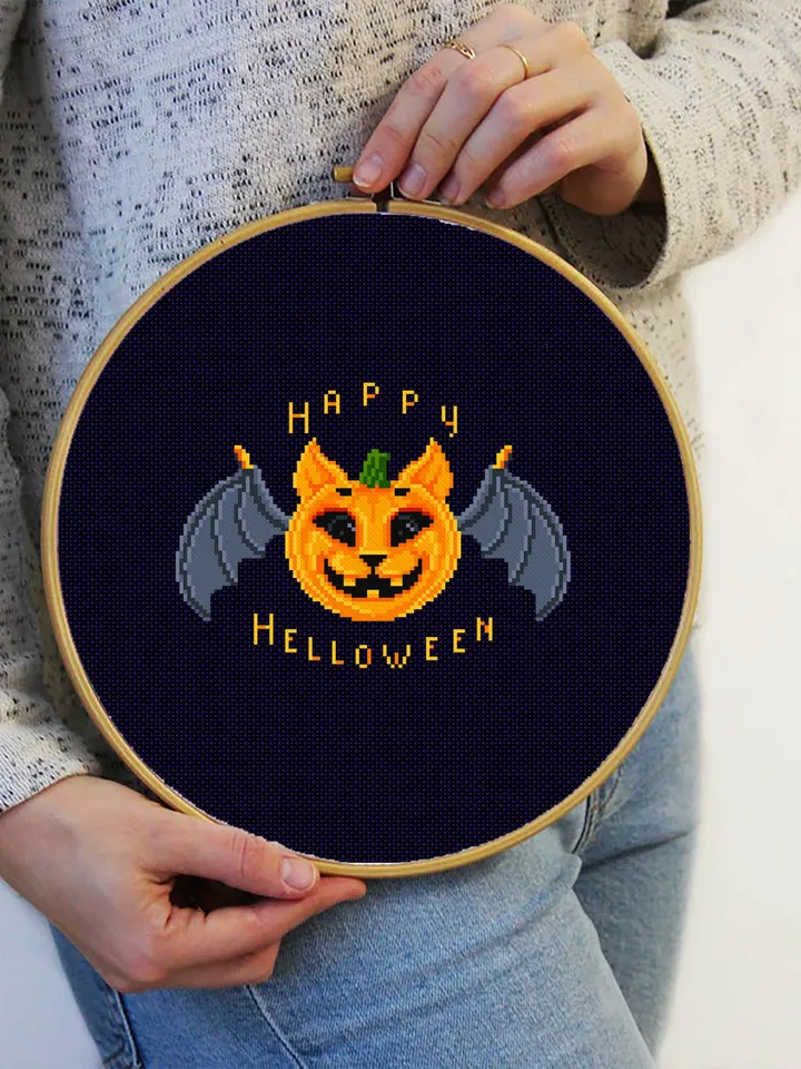 Happy Halloween cross stitch pattern download PDF Kawaii Halloween cat cross stitch Halloween quotes xstitch Cute Halloween embroidery #H4