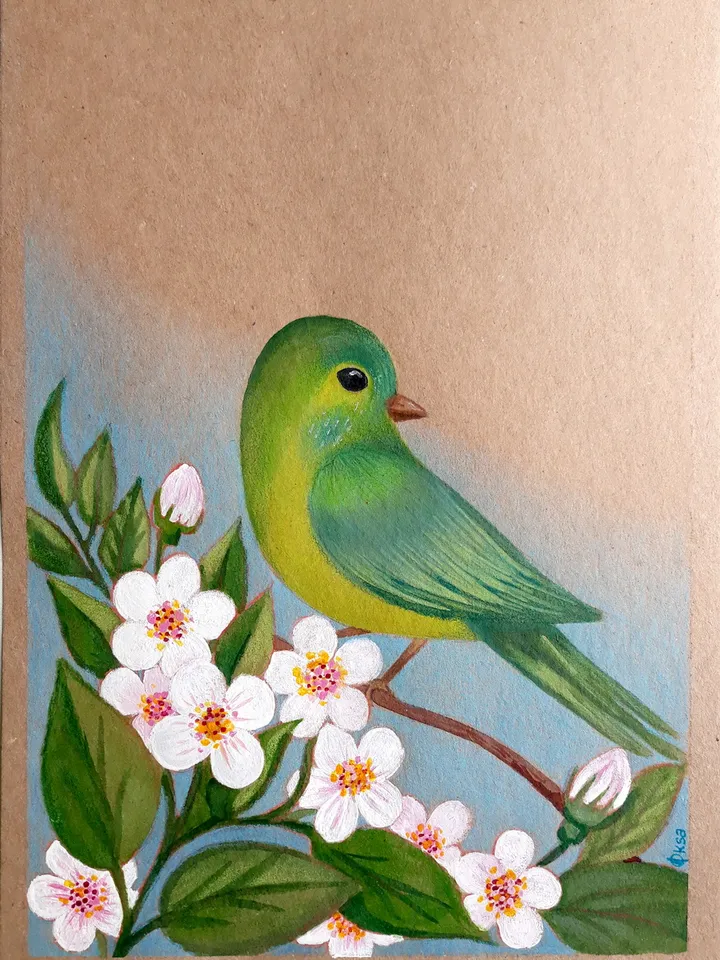 Green Bird in Bloom Painting with Colored Pencils and Acrylic Original Drawing/Painting on paper/Children's picture/Colored Pencils Bird Art