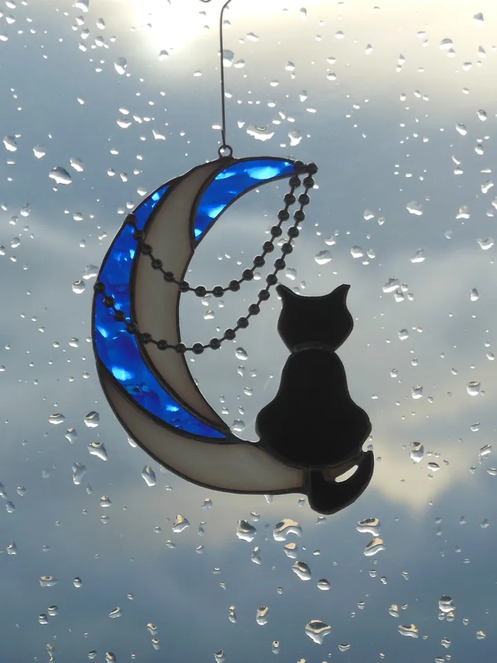 Black Cat On Moon with Chains . Art stained glass hanging Suncatcher . Gift for animal lover , pet loss memorial White , blue and black