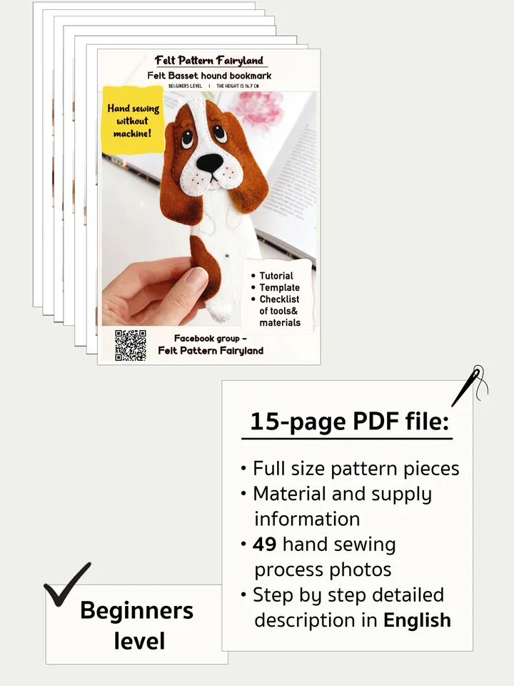 Felt long Basset hound bookmark hand sewing PDF tutorial with patterns. DIY dog breed bookmark. Book and pets lover gift. Felt school supplies
