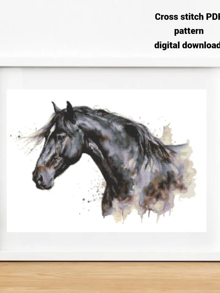 Black horse watercolor cross stitch PDF pattern, Animal embroidery design, Instant download
