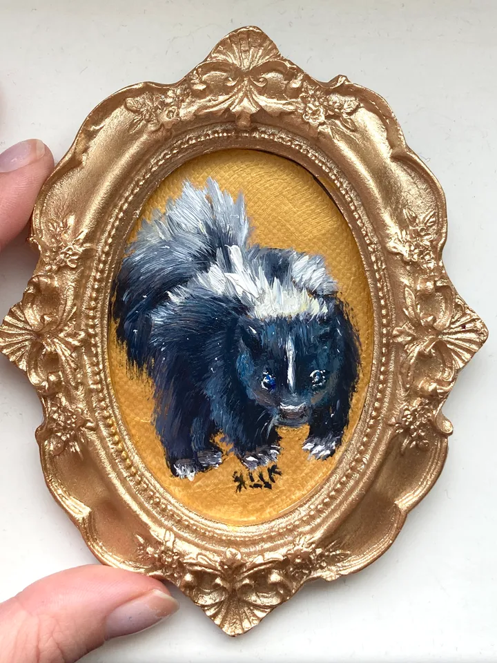 Skunk Oil Painting Original In Vintage Style Frame Small Framed Animals Wildlife Art