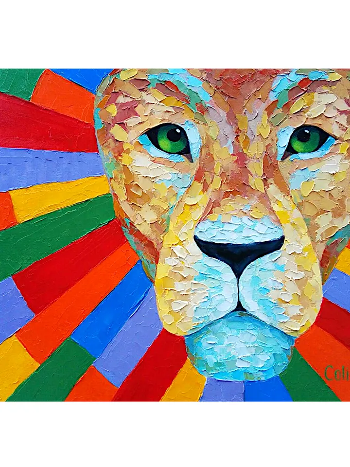 Lion Painting Abstract Original Art Animal Rainbow Wall Art Impasto Painting On Canvas Colorful 16" x 24" By Colibri Art