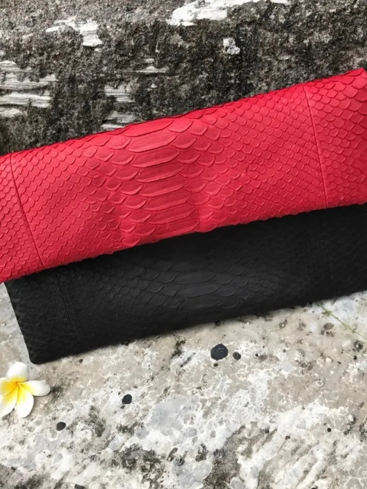 Genuine python skin black and red colorblock handmade clutch, classy elegant leather envelope bag, purse free shipping, flat snake clutch