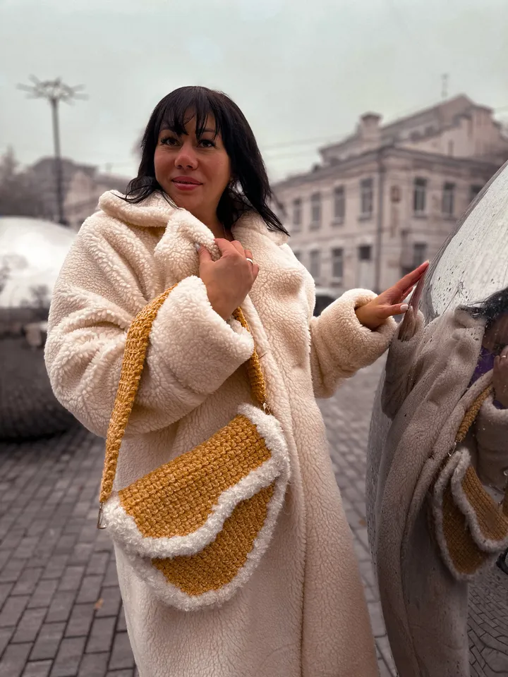 Mustard purse with fur, crochet bag, handmade luxury handbag, clutch, shoulder bag, saddle bag, velvet cord