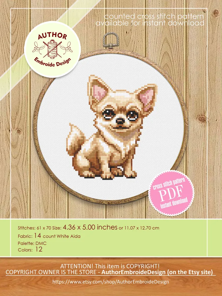 Chihuahua dog cross stitch pattern PDF download Small pet cross stitch chart for beginners, Cute dog pattern digital PDF Dog lover gift #K67