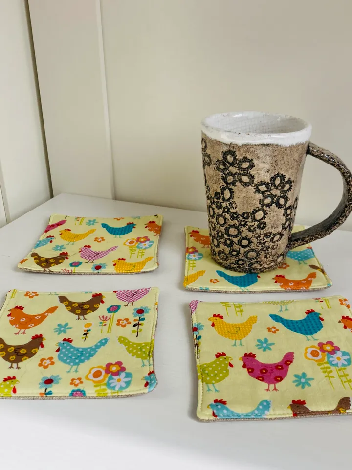 Coasters with Chickens Set of 6 Linen-cotton coasters 4.5'' x 4.5''