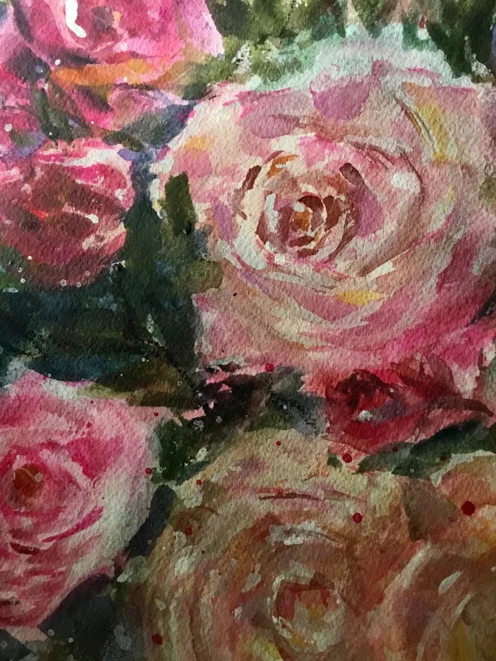 Roses garden poster from original watercolor,flowers painting,bouquet of pink and yellow roses,wall hanging,floral home decoration gift.