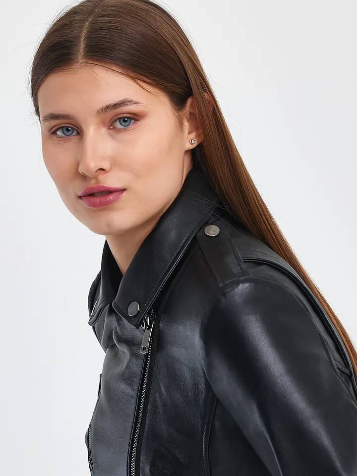 Women Biker Black Leather Jacket