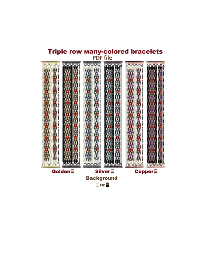 Triple row маny-colored bracelet pattern, Beadwoven Сuff bracelet Odd-Count Peyote Stitch, Miyuki-Preciosa, Instant Download