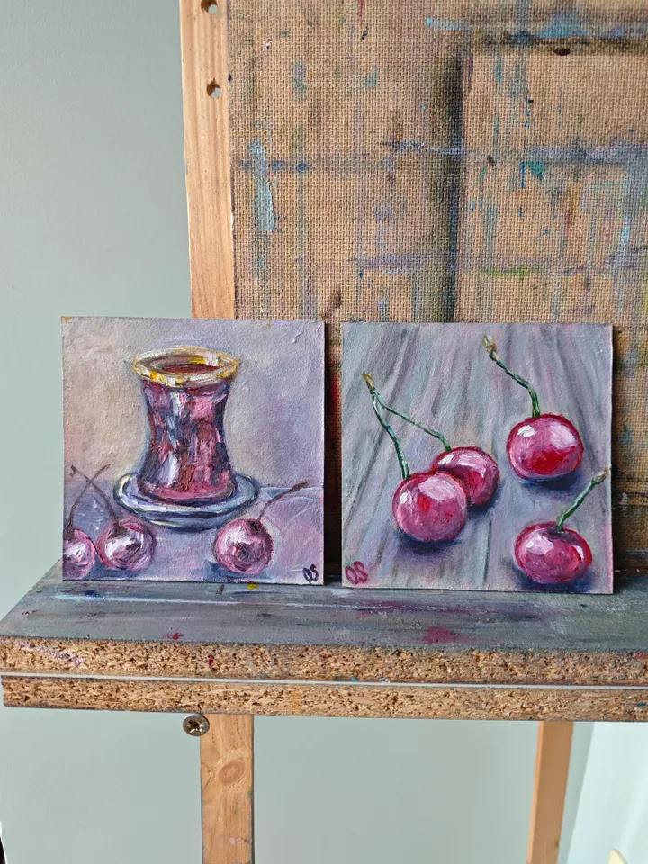 Cherries Original Painting Fruit Original Art Cherries Modern Artwork Bright Cherry Oil Painting Cherry Fruit Wall Art Decor 5 x 5 inches by OlgaSokolovaArt