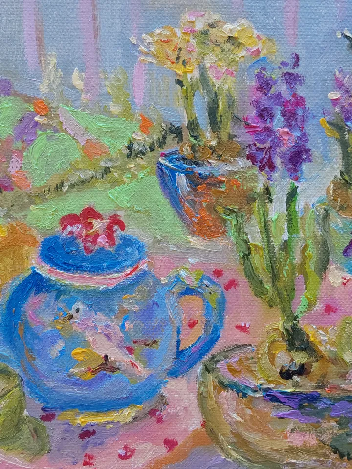 Oil painting on canvas 24x30cm (9.6x12 inches) "Tea Party in the Garden"