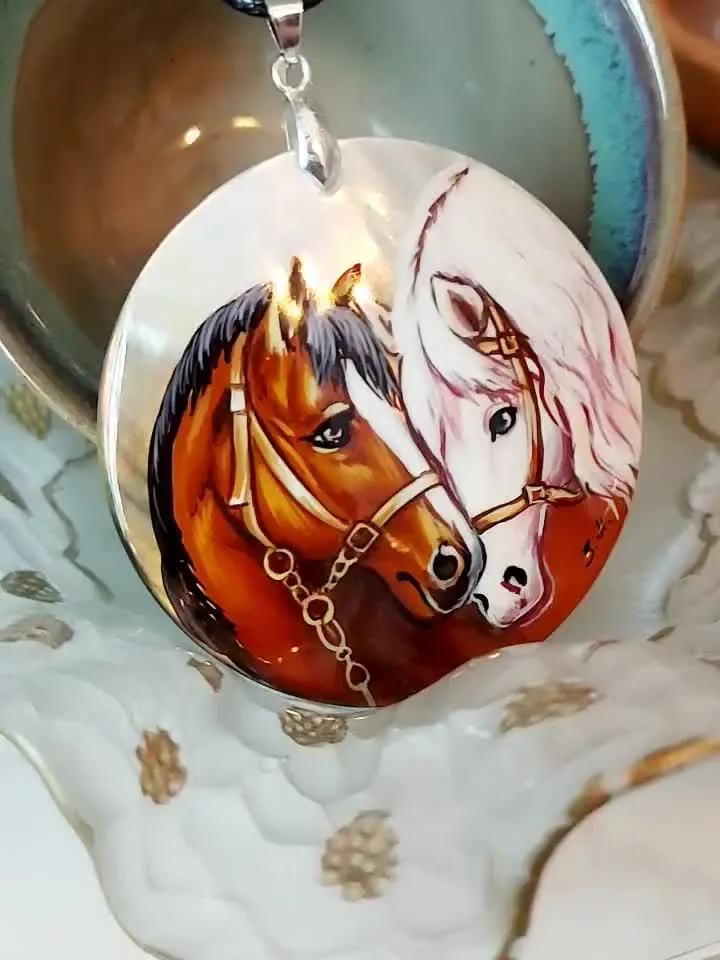 Pearl pendant necklace: Gentle pair of horses in love on handmade jewelry pendant • Dainty gift for nature lover • Elegant pendant for her