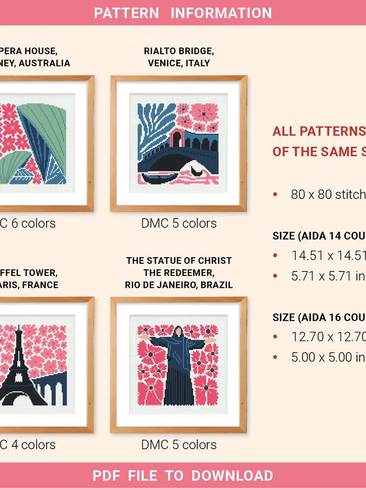 Bundle of 4 mini city Cross stitch patterns contemporary famous architecture Abstract beginner counted modern DIY embroidery instant PDF