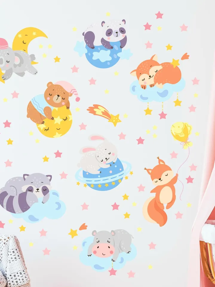Sleeping on clouds animals Wall Decals Set Kids Stickers Stars ek39