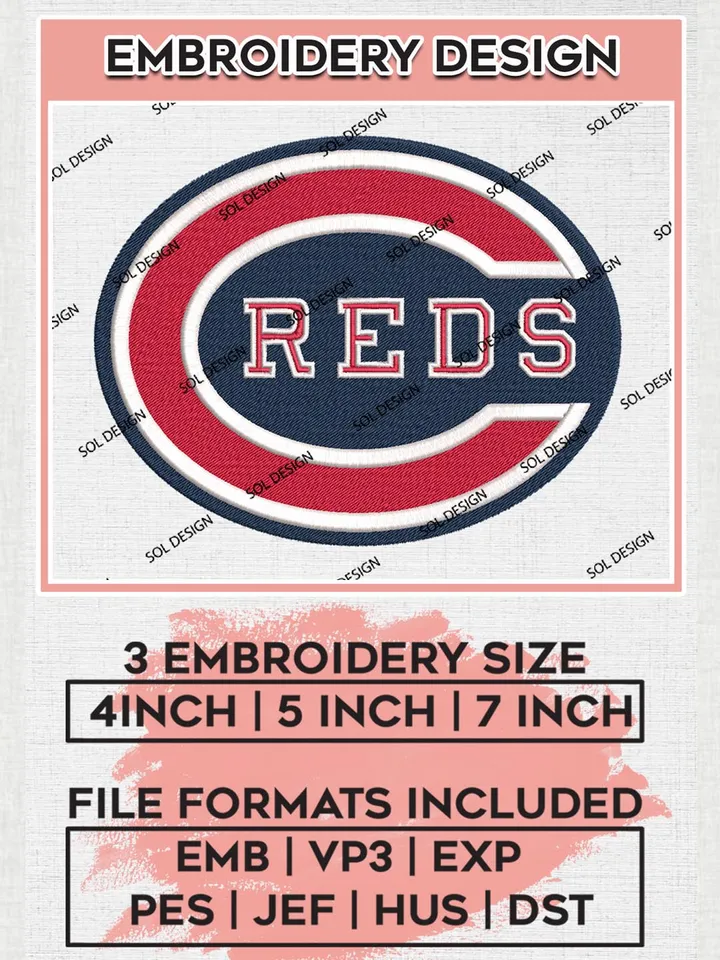MLB Reds Team Logo Embroidery Files, MLB Cincinnati Reds Team Embroidery, MLB Teams, 3 sizes, MLB Machine embroidery designs, Digital Download