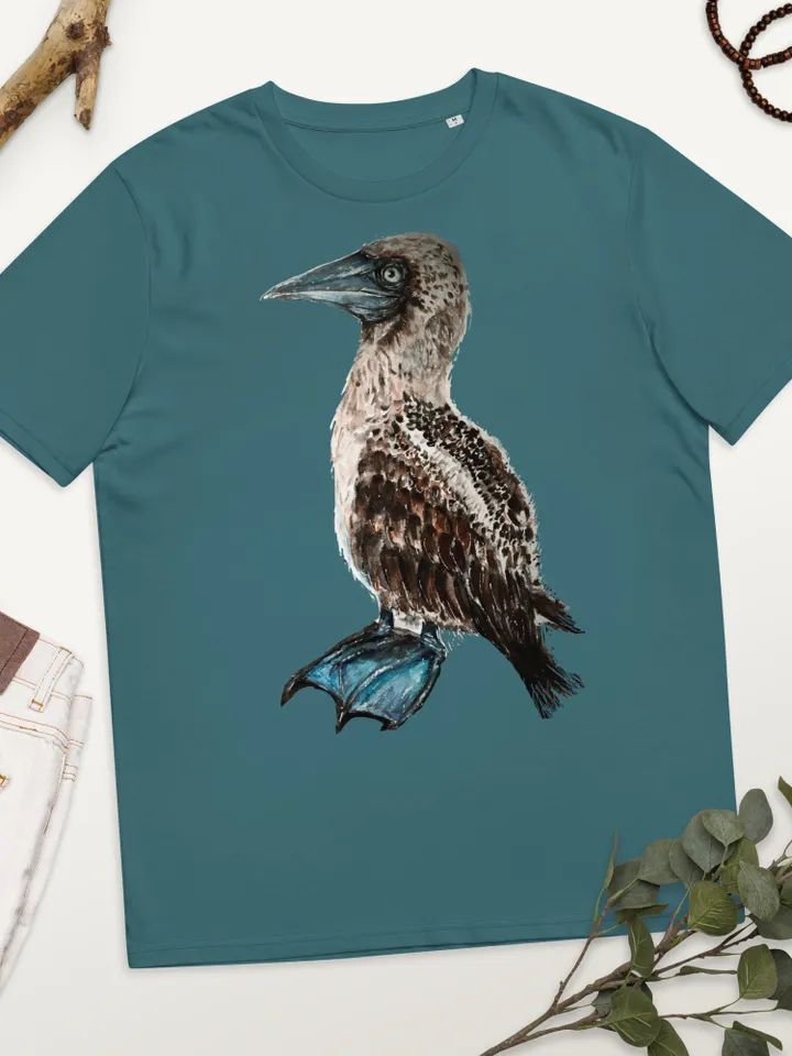 Blue footed booby unisex organic t shirt made with my original watercolor painting,unique handmade wearable gifts,exotic animals t shirts.