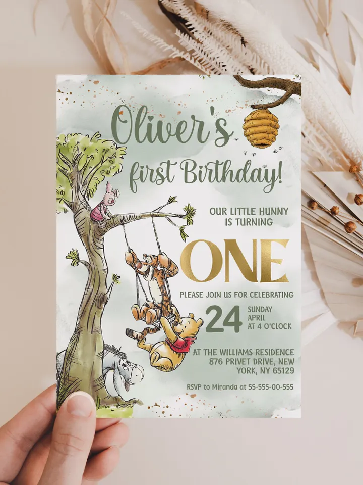 Classic Winnie Pooh Baby Birthday Invitation; Winnie Pooh Baby Birthday ; Greenery Baby Birthday; Honey Bear Birthday; Winnie Pooh wp2