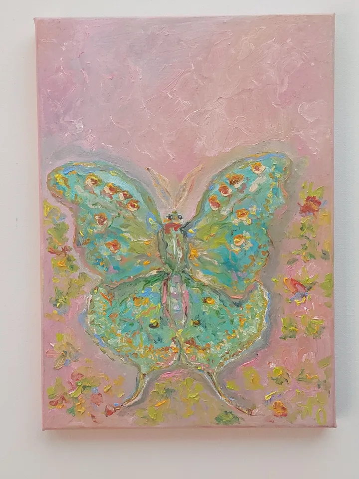 Oil painting on canvas "Silk butterfly" 25x35cm (10x14 inches) in shabby chic style