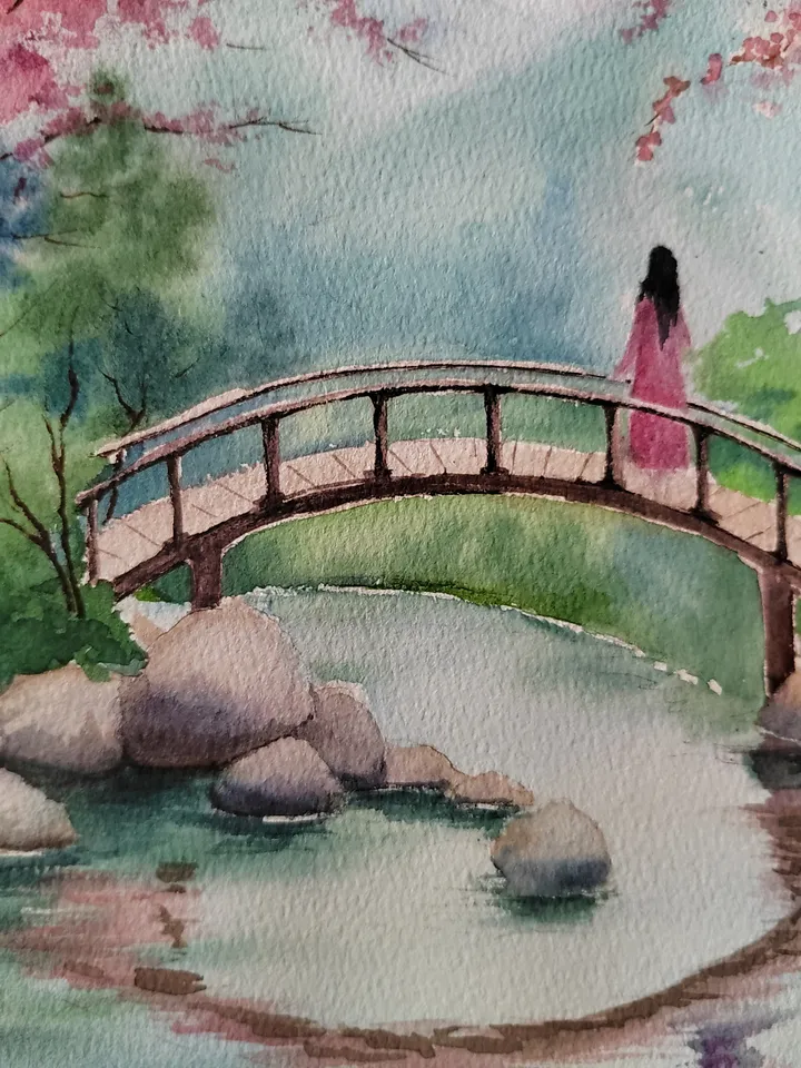 Japan Landscape Art Cherry blossoms Artwork Bridge River Picture Original Watercolor Painting 10.62x15.35 in by SoftWaves