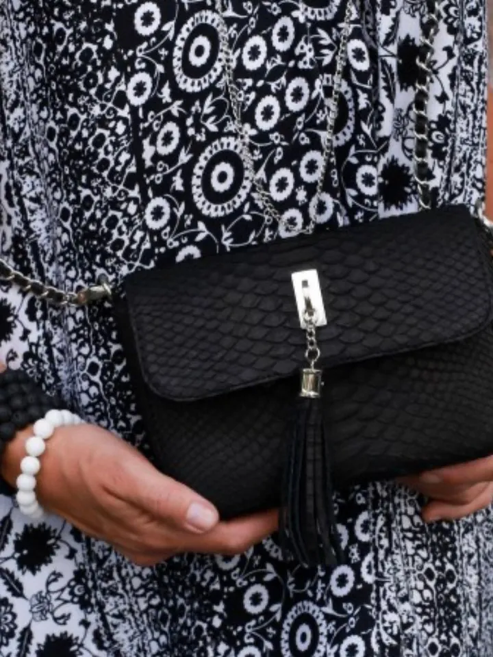 Genuine python skin crosdbody chain black tassel, elegant small classy bag crossbody genuine leather bag, everyday elegant small bag small