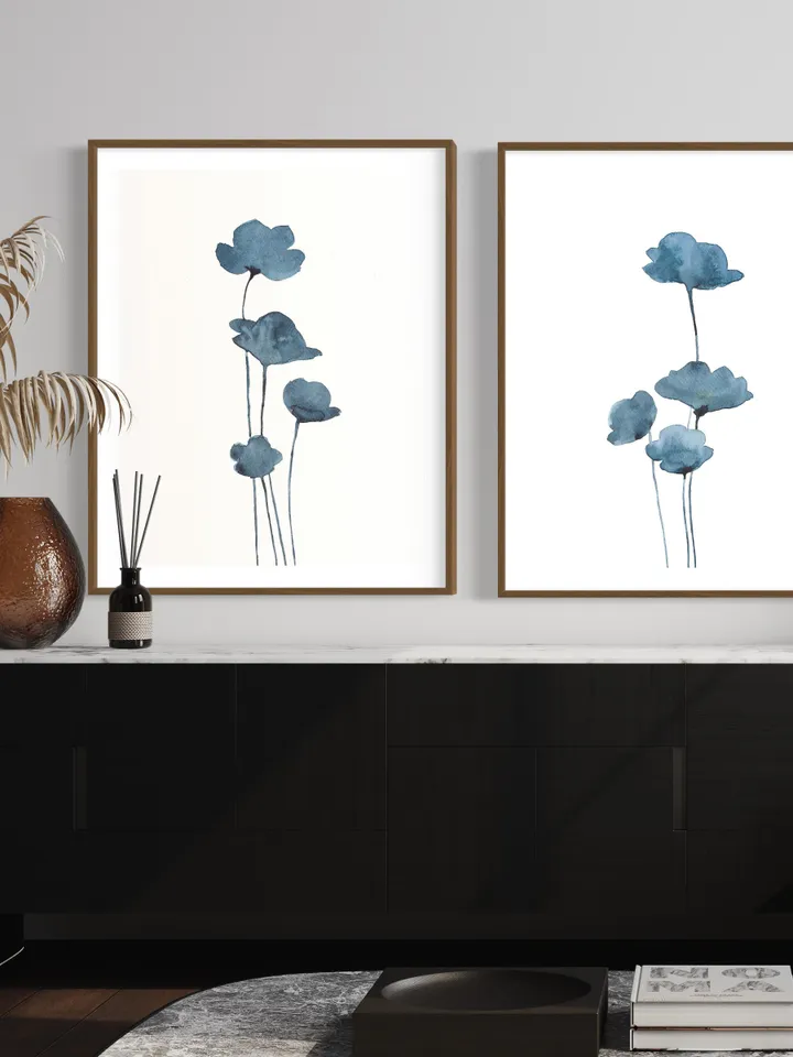 Blue Watercolor Flowers Wall Art Abstract Prints Navy Blue Wall Art Indigo Botanical Navy Blue And White Gallery Wall Set Of 2 Art Prints