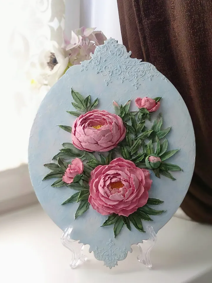Oval painting with coral peonies Peonies painting Floral painting 3D Peony wall art Mother's Day gift