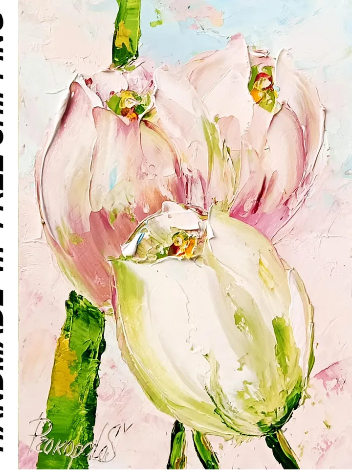 Pink Tulips Art Blossom Original Oil Painting Floral wall decor Mini art 7x5 in by ArtProkopaloSv