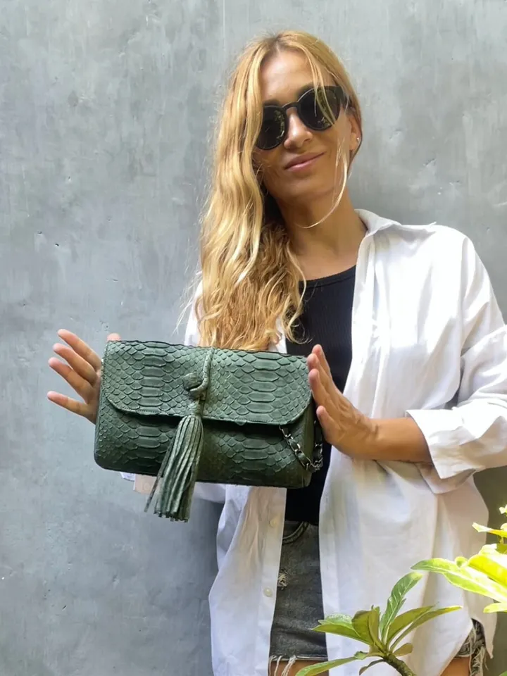 Genuine Python Skin Clutch with tassel |women purse | exotic leather bags | dark green evening clutch | designer crossbody bag handmade
