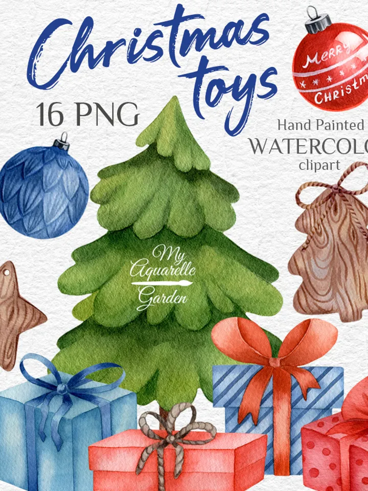 Christmas tree toys Winter New Year decor Watercolor hand-painted images DIY invitations cards stickers Scrapbooking Gift wrap Printable PNG
